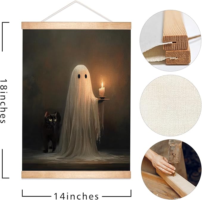 HEYJEEPER Halloween Ghost Holding Candle Linen Canvas Wall Art 18.5x14 Inch, Vintage Spooky Black Cat Gothic Wall Hanging Poster, Retro Haunted Night Decor for Living Room Bedroom Holiday Gift(BLK02)