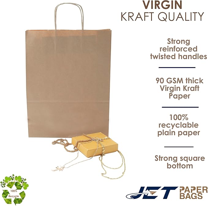 JET PAPER BAGS - 10”x5”x13” Inch [50 Pcs] Brown Paper Bags with Handles Prime for Takeout, Grocery, Goody, Retail, Party, Gifts, Weddings - Recyclable Kraft Paper Gift Bags with Handles