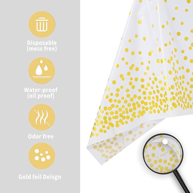White and Gold Tablecloths for Party 2 Packs, 54x108 inch Gold Dot Confetti Disposable Rectangular Plastic Table Cover for Bridal Shower Engagement Wedding Birthday BBQ Party New Year Eve 2026