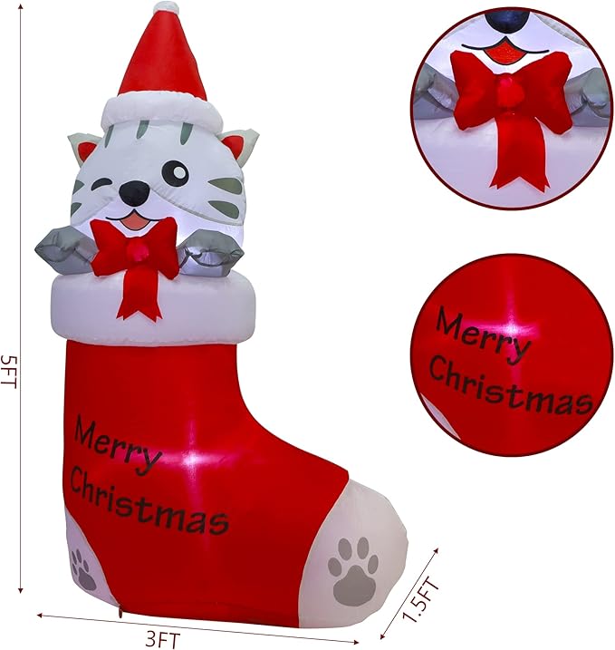 Juegoal 5 FT Christmas Inflatables Outdoor Decorations, Inflatable Kitten in Xmas Stocking, Lighted Blow Up Cat Standing on Christmas Socks with Built in Lights for Holiday Lawn Yard Garden Decor