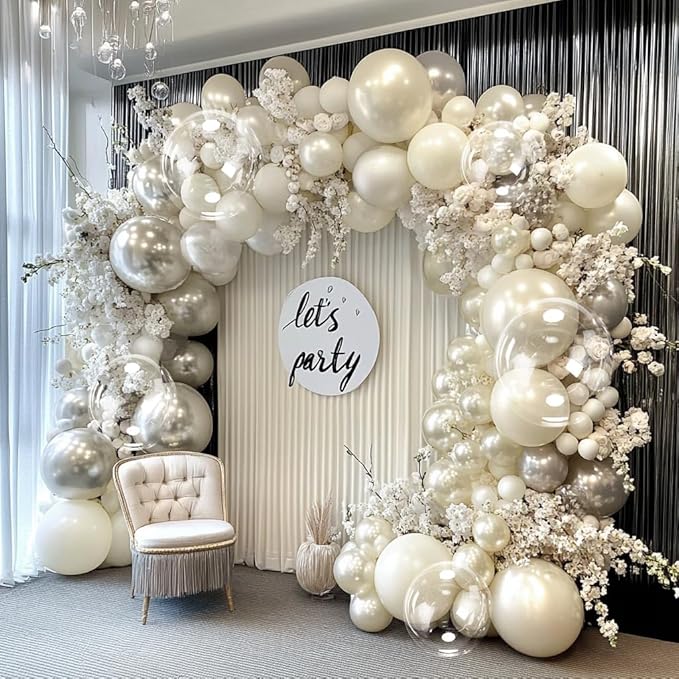Pearl Sand White Balloon Arch Double Stuffed White Ivory Cream Beige Balloon Garland Kit Different Sizes 12/10/5in With Clear Bobo Balloons for Birthday Wedding Bridal Baby Shower Baptism Party Decor