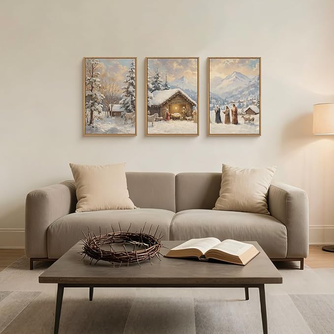 HOURIA Christian Christmas Nativity Framed Canvas Wall Art Set,Religious Mary Joseph & Jesus Christ Biblical Decor,Holy Family Star of Bethlehem Winter Artwork for Living Room,Church,Holiday-24"x36"x3