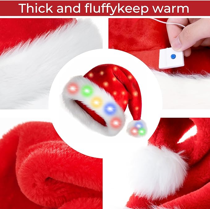 JUANANIUG Santa Hat Adult Led: Christmas Hat with lights for Women and Men - Extra Thicken Classic Fur for Christmas New Year Festive Holiday Party Supplies