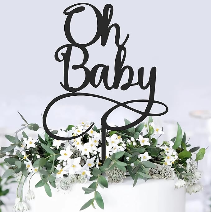 Oh Baby Cake Topper - Glitter Black Acrylic Baby Shower Cake Decorations, Gender Reveal Cake Pick (Black)