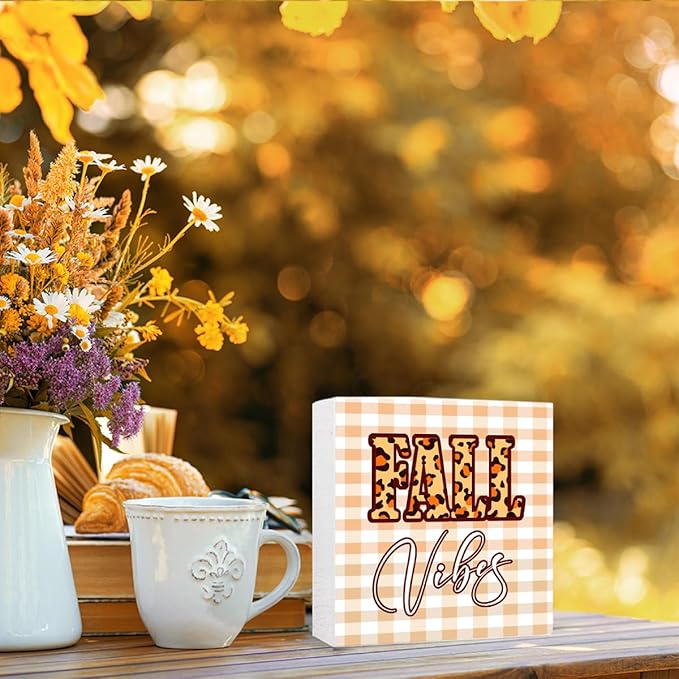 Funny Autumn Pumpkin Wood Box Sign Fall Vibes Wooden Block Desk Decor for Home Office Kitchen Cubicle Table Shelf Tabletop,Farmhouse Fall Sign Decor