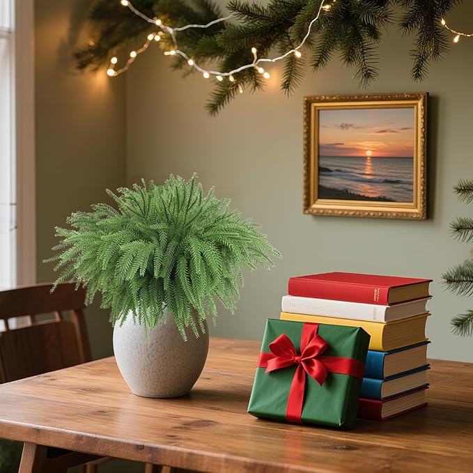 Christmas Norfolk Pine Branches-12pcs,18inch Long,Artificial Pine Stems Faux Christmas Greenary Norfolk Pine Branch for Vase DIY Crafts Xmas Wreath Garland Indoor Outdoor Home Decoration