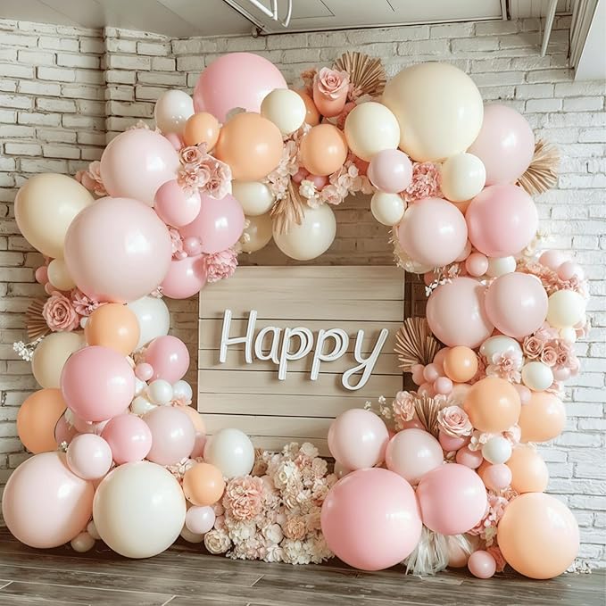 Pink White Nude Balloons Arch Kit, Double Stuffed Pastel Light Pink Cream Beige Peach White Balloon Garland Kit for Birthday Wedding Bridal Shower Anniversary Party Decoration