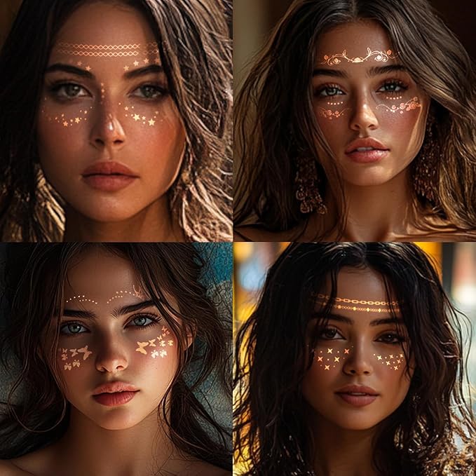 12 Pcs Gold Glitter Freckles Face Tattoo,Sparkle Makeup Patches Metallic Face Temporary Tattoos Stickers,Gold Face Freckle Tattoo for Women Girls Halloween Christmas Party Decor 638