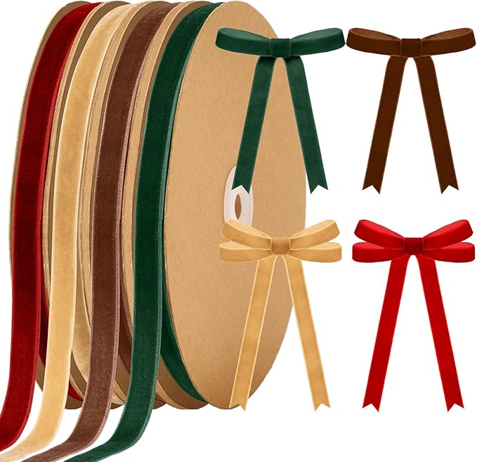 Chuangdi 80 Yards Christmas Velvet Ribbon, 4 Rolls 3/8" Vintage Thin Ribbon for Xmas Gift Wrapping Christmas Tree Wreath Ornaments DIY Crafts Decoration, Red Green Brown Khaki