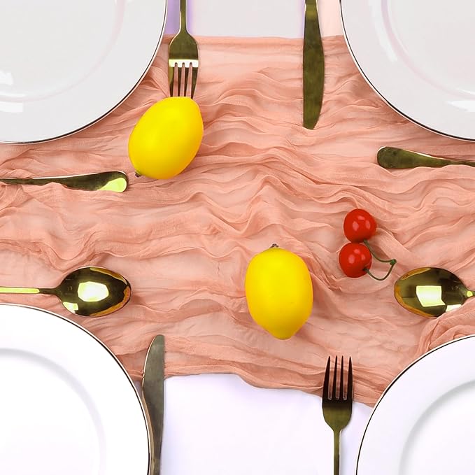 6 Pack Peach Cheesecloth Table Runner 10FT Boho Gauze Fabric Table Runner 35 x 120 Inch Rustic Sheer Runner for Centerpiece Wedding Decor Baby Shower Party Boho Table Decoration