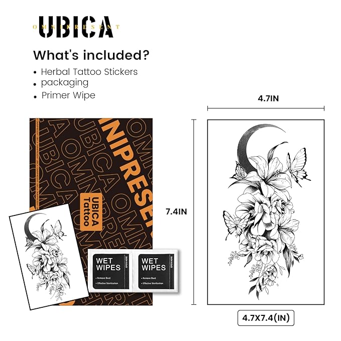 2 Sheets Semi Permanent Tattoos, Temporary Tattoo for Women, Lasts 7-15 Days Water-Resistant Fake Tattoo Stickers, Realistic Flower Design for Party (7.5x4.8 in), Non-Reflective & Safe for Skin