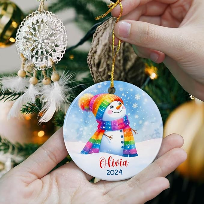 Personalized Rainbow Snowman LGBT Pride Ceramic Christmas Ornament 2025, Custom Name & Year, Gift for Family & Friends