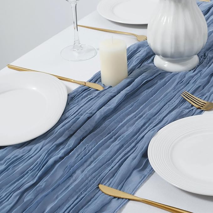 6 Pack Boho Gauze Cheesecloth Long Rustic Sheer Table Runner for Wedding, Bridal, Baby Shower, Birthday Party, Cake Table, Arbor Decorations (Dusty Blue)