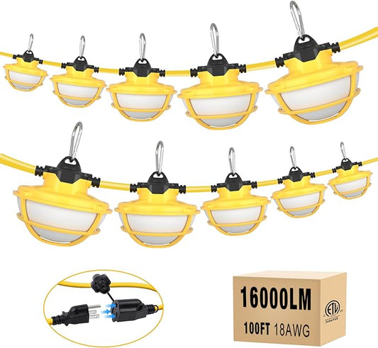 100FT LED Construction String Lights - 3 Prong, 130W 16000LM Plug in Linkable String Work Lights, 5000K Weatherproof Temporary Lighting for Construction Sites, Jobsites, Indoor & Outdoor, UL Listed