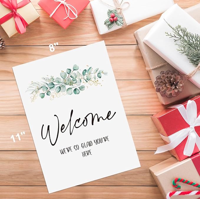 Baby Shower/Bridal Shower/Wedding Welcome Sign - We're So Glad You Are Here, Eucalyptus Greenery Gold Decoration (8 x 11 inch) BBSS12