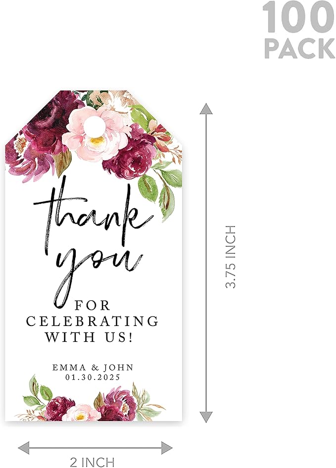 Andaz Press 100-Pack Personalized Fall Burgundy Marsala Wedding Favor Tags with Bakers Twine 2 x 3.75-Inch Tags for Party Favors and Gift Wrap