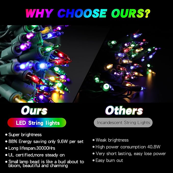 40FT LED Multicolor Christmas String Lights 200 Count, Colored Mini Christmas String Lights Plug in, Colorful Christmas Tree Lights for Party Wedding Home Holiday Decoration, Green Wire