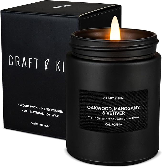 Craft & Kin Premium Oakwood, Mahogany & Vetiver Candle | Black Christmas Scented Candles for Men | Long Lasting with 45 Hour Burn Time, 7.6oz | Soy Holiday Candles | Aromatherapy at Home