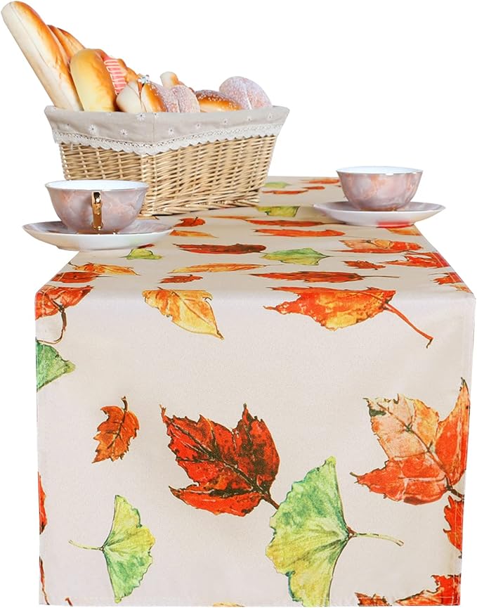 LUSHVIDA Thanksgiving Day Fall Leaves Table Runner, Washable Wrinkle Resistant Autumn Harvest Table Runner for Indoor/Outdoor Holiday Parties Decoration 14x108 inches