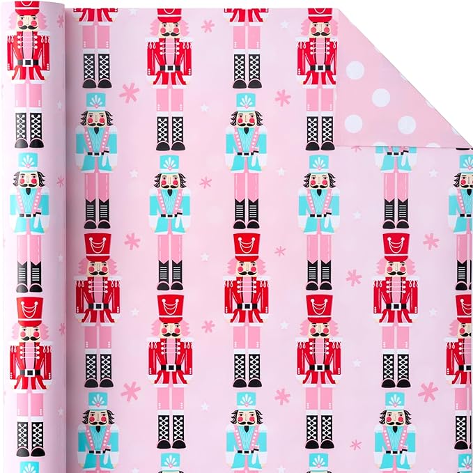 WRAPAHOLIC Reversible Christmas Wrapping Paper - Mini Roll - 17 Inch x 33 Feet - Pink Nutcracker Wrapping Paper and Polke Dot Design for Christmas, Holiday, Party Celebration