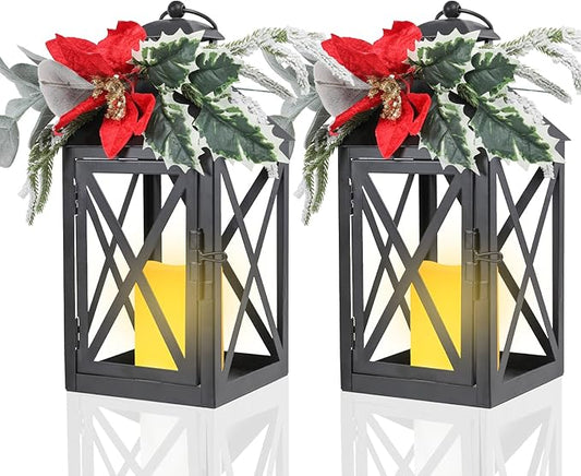 Christmas Lanterns Decorative Indoor, 2 Pack Christmas Lantern Outdoor, 12 Inch Decorative Candle Lanterns Flameless Light with Floral and Greenery for Table Centerpieces,Home, Porch Decor