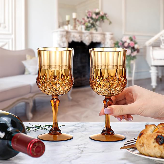 XUWAIDSGN 7oz Plastic Vintage Wine Glasses Drinking Glasses Unbreakable Wedding Glassware Crystal Water Goblets Reusable Drinkware Vintage Champagne Flutes (24, Brown)
