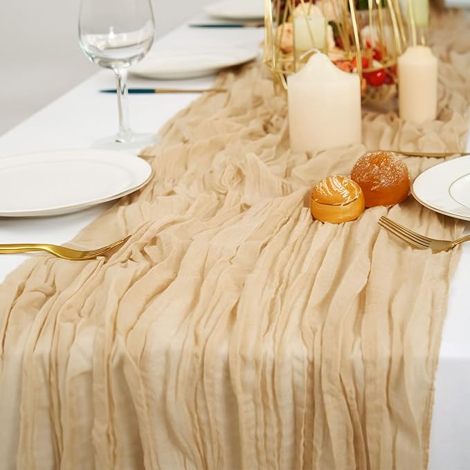 6 Pack Cheesecloth Table Runner 10Ft Boho Gauze Table Runner Cheese Cloth Long Rustic Sheer Table Runner for Wedding Bridal Baby Shower Birthday Party Cake Table Arbor Decorations (Beige)