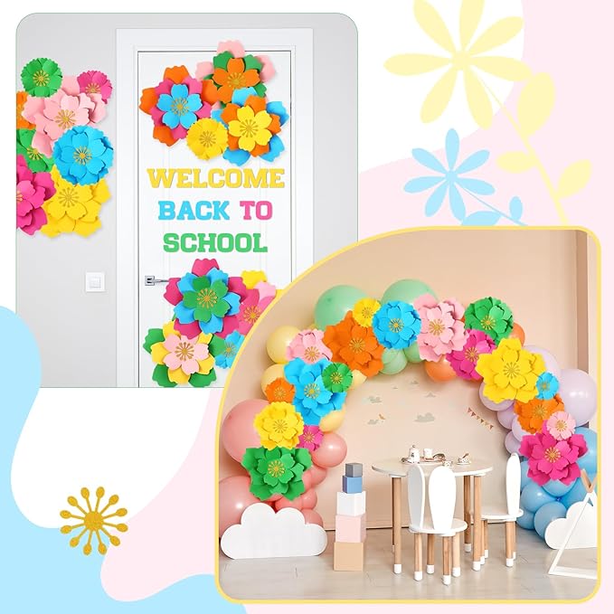 MotiMind 18 Pcs Mexican Paper Flowers Decor for Wall DIY Paper Fiesta Bulletin Board 3D Colorful Mexican Backdrop Decoration for Classroom Back to School Carnival and Holiday Party(Circular,Rainbow)