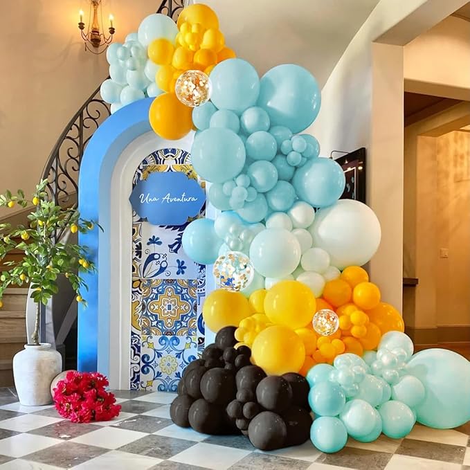 Black Yellow Blue Balloon Garland Arch Kit, 156 Matte Black Mustard Yellow Pastel Blue Balloons for Birthday Wedding Anniversary Baby Shower Bridal Party Decoration