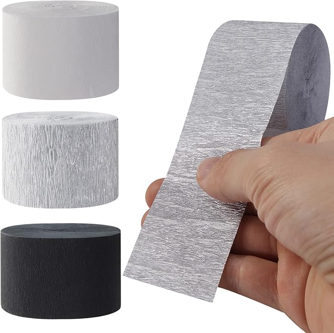 Black White Silver Party-Decorations Streamers - 9 Rolls Graduation Men Boys Birthday Crepe Tissue Paper Streamer Banner, Wedding Baby Bridal Shower New Years Garland Decor Panduola