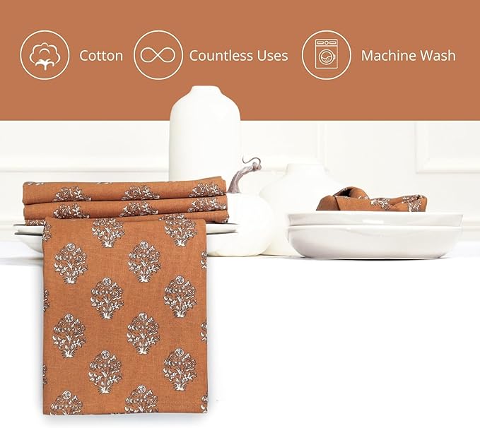 PurpleEssences Fall Harvest Thanksgiving Napkins 18x18 Inch,Set of 6-100% Cotton Autumn Leaves Print - Reusable, Washable Dinner Napkins for Home, Kitchen & Parties - Goldenrod Rust