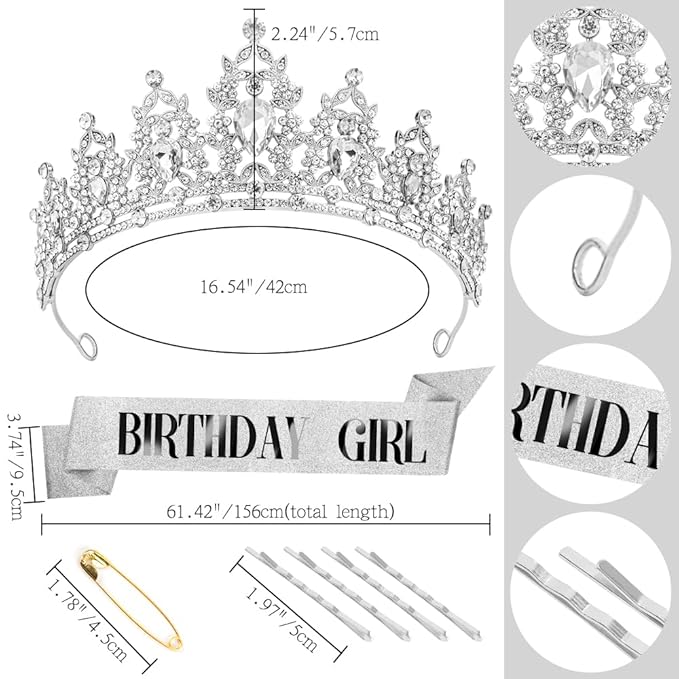 Silver Birthday Crown Headband with Sash for Women - Rhinestone Tiara for Birthday Parties