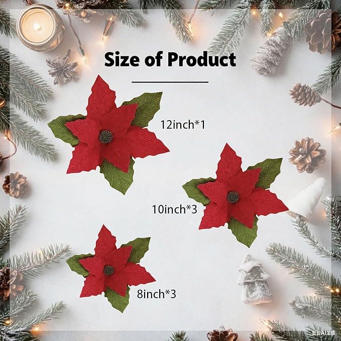 Handmade Poinsettia Christmas Flowers Decoration, Crepe Paper Poinsettia Flower with Clips Christmas Tree Artificial Flower Decorations with Stems for DIY Xmas Wreath Holiday Party Home Wall Decor