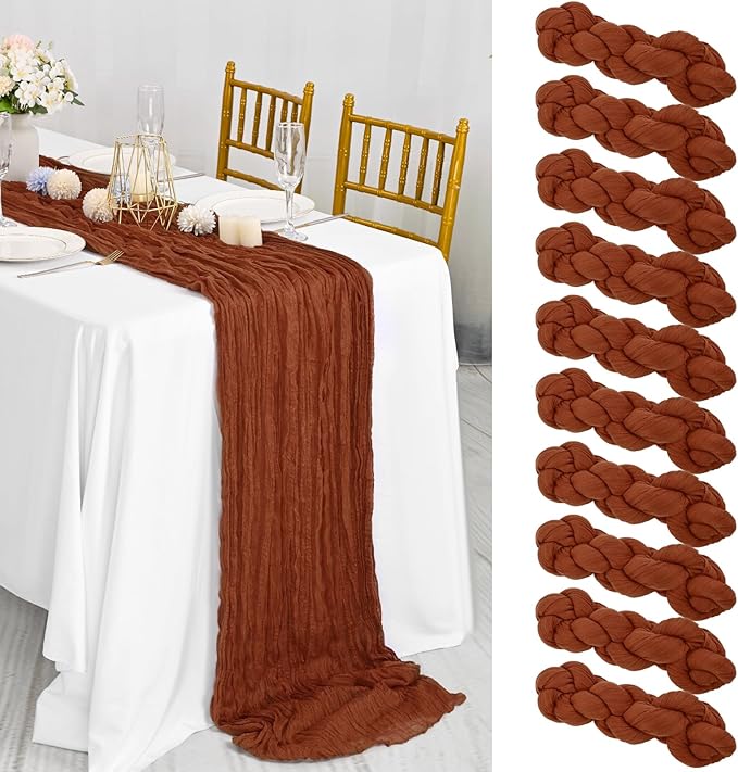10 Packs Terracotta Cheesecloth Table Runner, 10Ft x 35" Rust Rustic Gauze Boho Wedding Table Runner Decoration, Wedding Table Decor Table Cloth for Wedding Party Bridal Shower Table