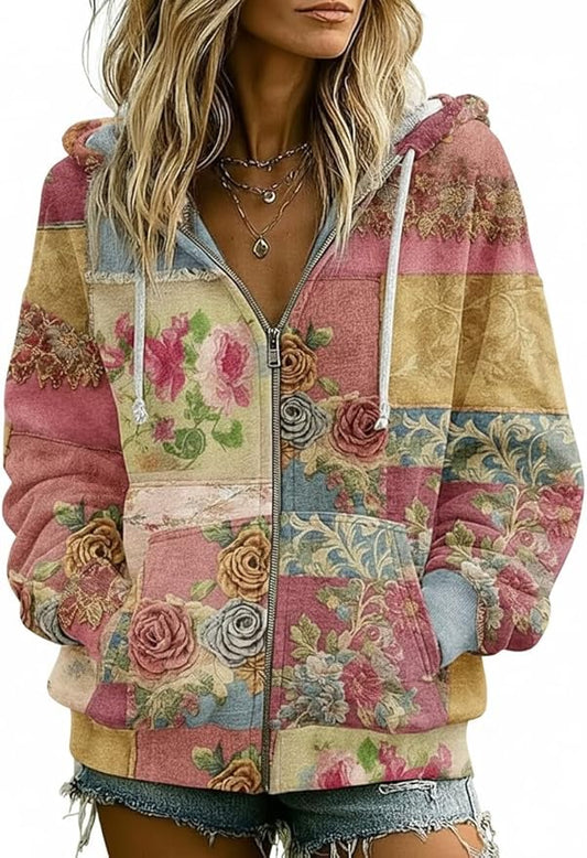 OSCORP Women’s Boho Patchwork Floral Embroidered Hoodie, Vintage Mixed Pullover Sweatshirt with Drawstring for Fall Winter