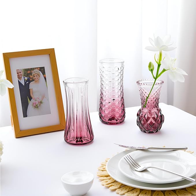 Glass Bud Vase Set of 5: Eylkoi Pink Vases for Centerpieces Decorative, Vintage Embossed in Bulk Crystal Textured Cute, Wedding Decor Mini Flower Floral Vase for Rustic Wedding, Home Table, Party