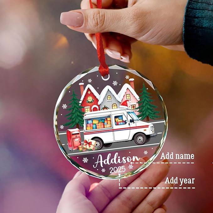 Mail Carrier Christmas Glass Ornament 2025, Personalized Mail Truck Xmas Tree Ornament Gifts for Mailman Postal Worker & Driver, Christmas Truck Decor, Customized Name Mailman Ornaments Xmas