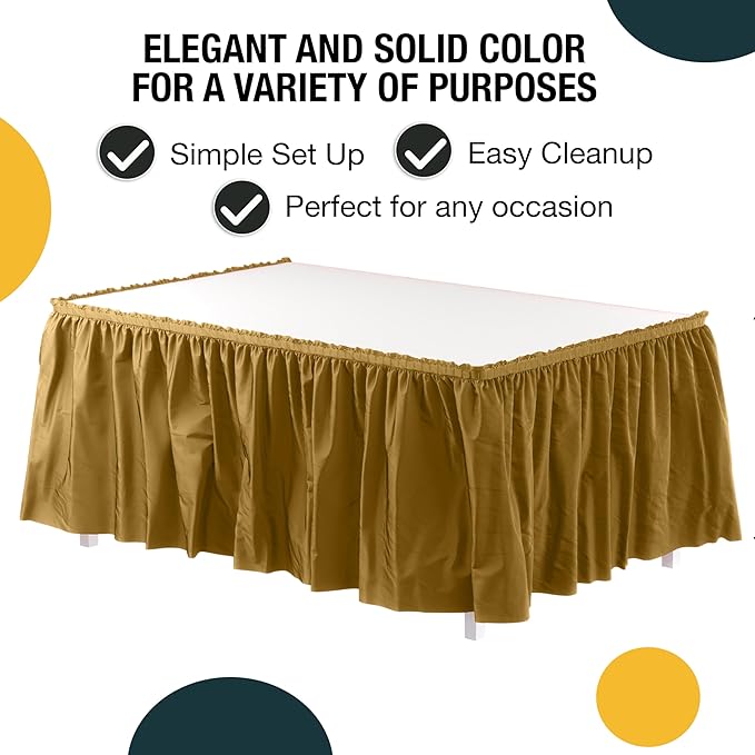 Exquisite Ruffle Table Skirt Gold 2 Pack 14 Ft Long Table Skirts for Rectangle Tables 6ft Plus or Round Tables Skirts with Adhesive Strip for Gender Reveal Decor & Happy Birthday Parties