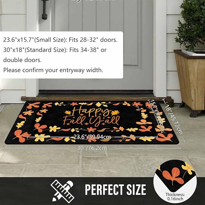 Fall Welcome Maple Leafs Decorative Door Mat, Autumn Thanksgiving Doormat for Indoor Outdoor Entrance Floor Mats,Fall Pumpkins Non Slip Harvest Vintage Decor Rubber Welcome Mats 30" x 18" Inch