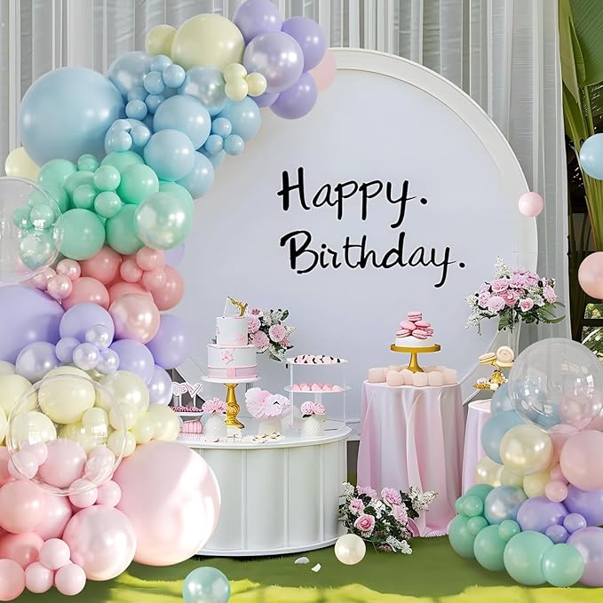 Pastel Rainbow Balloon Garland Arch Kit 126Pcs Double Stuffed Pearl Pink Blue Yellow Peach Purple Turquoise Clear Balloons for Birthday Party Baby Shower Gender Reveal Easter Spring Day Decorations