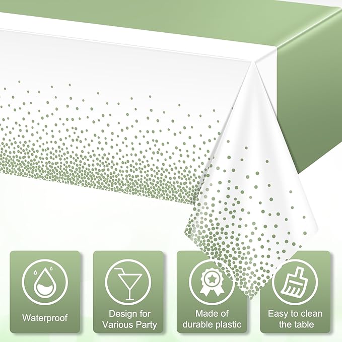 1Pcs White and Sage Green Tablecloth Decorations,Plastic White Table Cloth Printed Green Table Runner Disposable Rectangle Tables Cover for Birthday Wedding Anniversary Graduation Party,54 x108 Inch