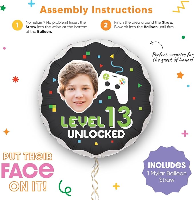 Big Dot of Happiness Personalized Game Zone Fun Face Photo Balloon, Pixel Video Game Birthday Party Decoration, Custom Age Double-Sided Circle Mylar, 1 Piece