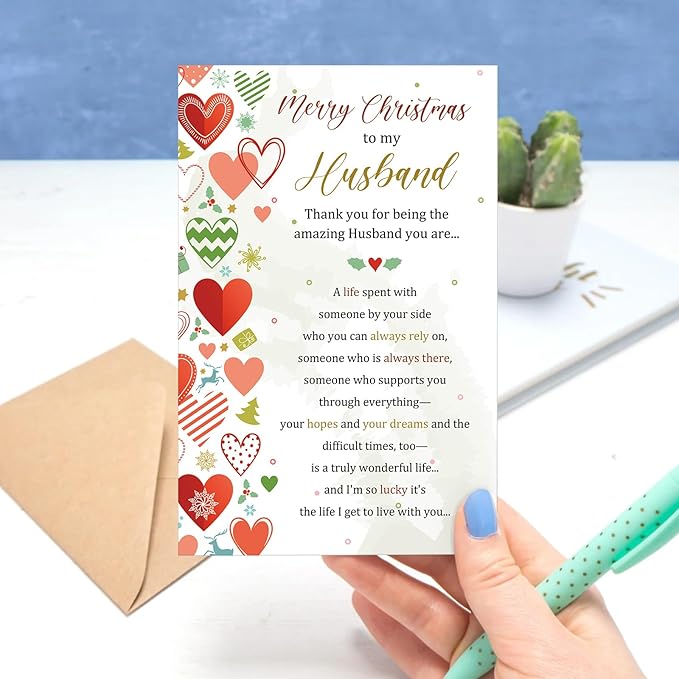 Sweet Poem Christmas Card for Husband, Heartfelt Holiday Card Gift Ideal from Wife, Merry Christmas To My Husband
