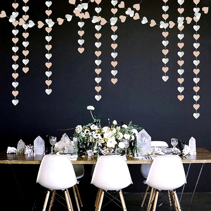 Champagne-Silver Disco Boho Party-Decoration Heart Garland - 52ft Glitter Birthday New Years Eve Hanging Backdrop Streamers,Engagement Wedding Bachelorette Banner Decor Lasting Surprise