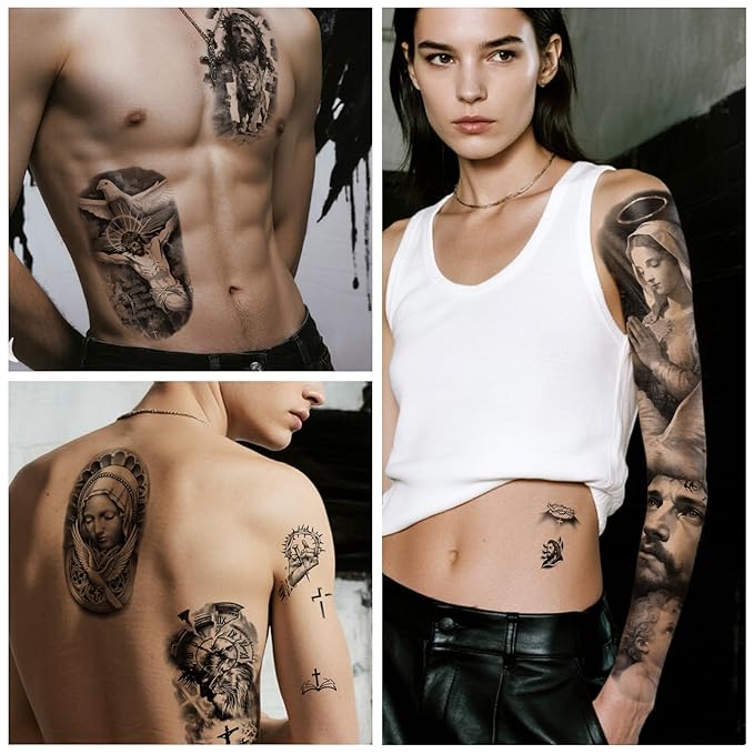 Yazhiji 48 Sheets Christian Full Arm Temporary Tattoos For Adult, Religious Jesus Christ Cross Angel God Half Arm Fake Tattoos, Christ Catholic Realistic Tiny Body Temporary Tattoos for Men Women Kids