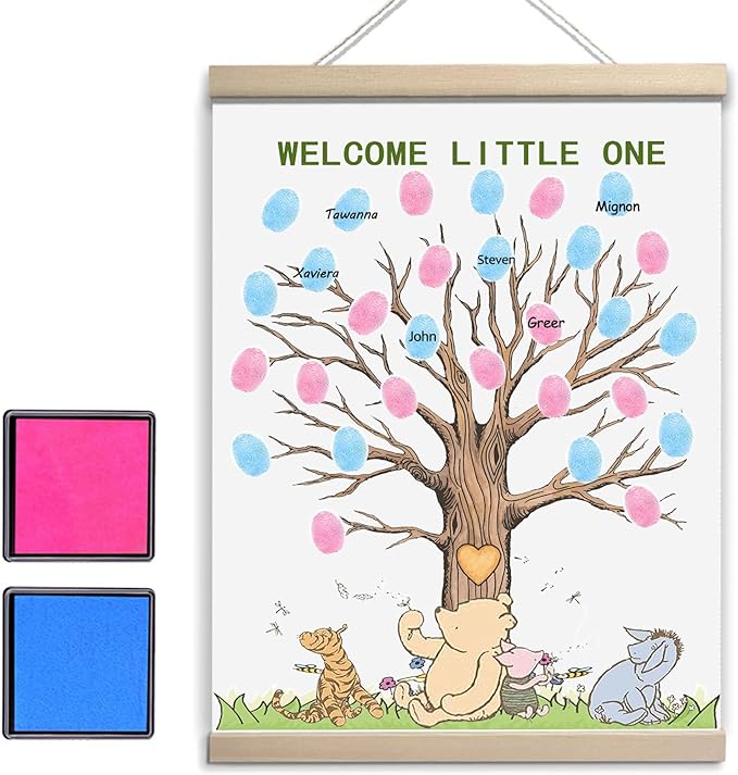 QZCYU Winnie Baby Shower Decorations, Gender Reveal Party Decorations, Gender Reveal Fingerprint Tree,Boy or Girl Gender Reveal Supplies Fingerprint Tree Canvas