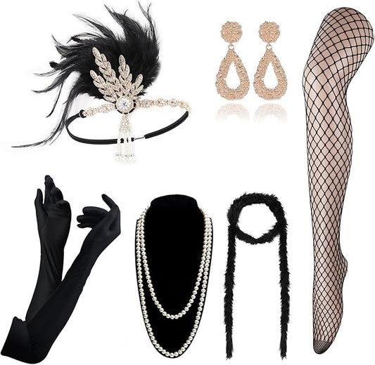 DRESHOW 1920s Great Gatsby Accessories for Women Flapper Headpiece Headband Gloves Costume Harlem Nights Accessories Set