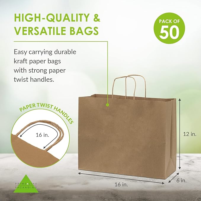 Prime Line Packaging Brown Gift Bags, Kraft Shopping Bags Large with Handles for Small Business, Boutiques, Retail Stores & Grocery Use, Bulk, 16x6x12, 50 Pack