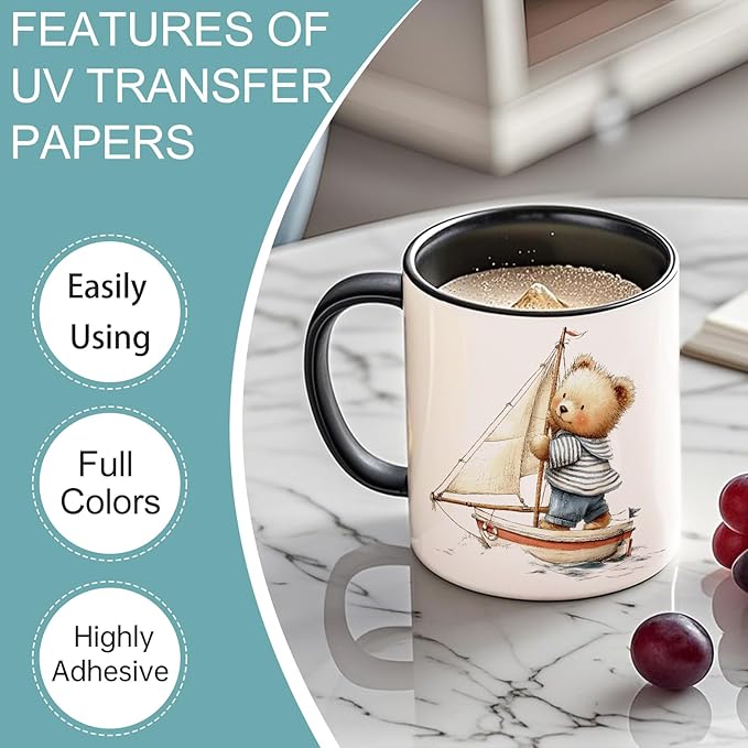UV DTF Stickers - 12 Sheets Sailor Teddy UV DTF Cup Wrap for Coffee Mugs Glass, DIY Decals for Tumblers, Waterproof Rub on Transfers for Crafts