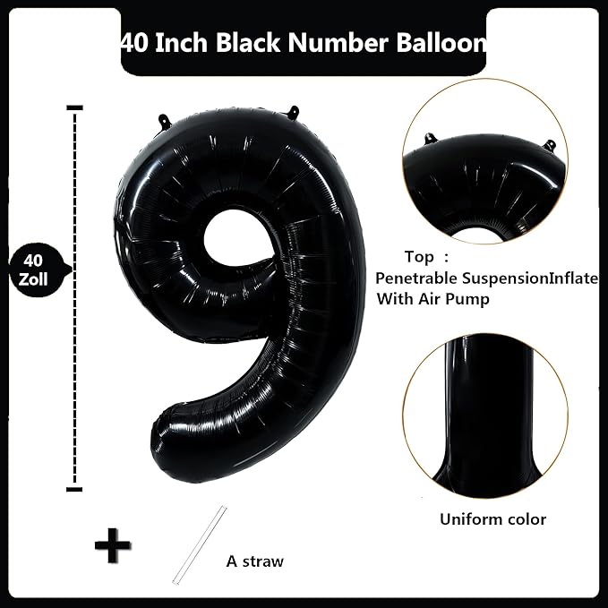 40 inch Black 9 Number Balloon Giant Foil Helium Balloons Black Large Digital Balloon 9 Number 9 Balloons for 9th Birthday Party Decorations Anniversary Events Decoration Supplies